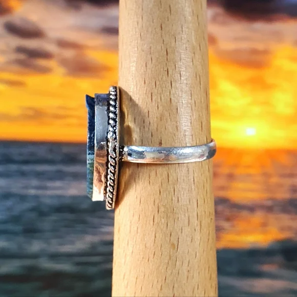 Blue Agate Gemstone Sterling Silver Plated Ring Size 9 - Picture 6 of 10